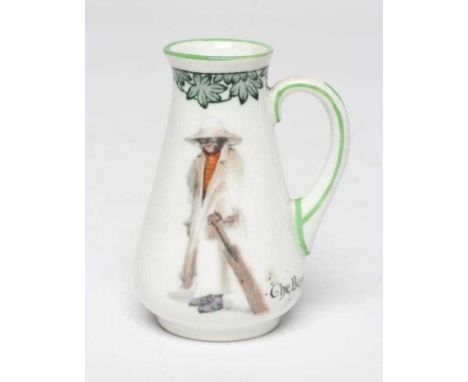 A ROYAL DOULTON CHINA MINIATURE EWER, early 20th century, printed and overpainted in colours with 'The Boss' cricketer, the r