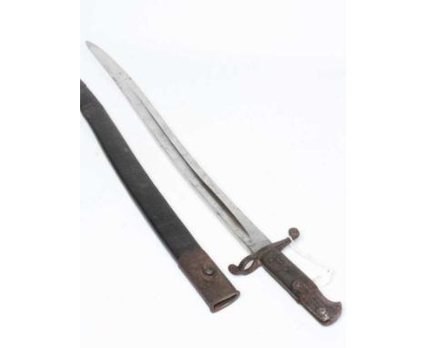 A BRITISH 1860 PATTERN YAGATAN BAYONET with 23" blade, typical hilt and leather scabbard, 29" long (Est. plus 24% premium inc