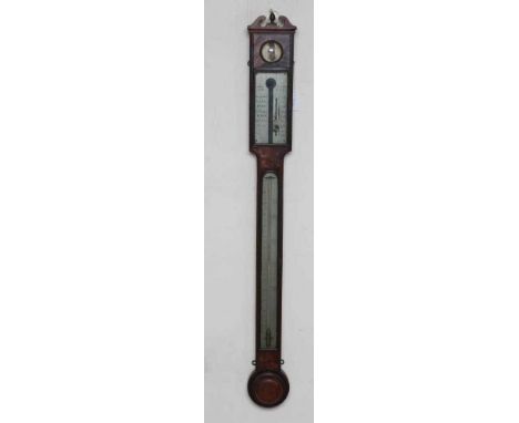 A MAHOGANY CASED THREE GLASS STICK BAROMETER, signed Adams London, with silvered register and hinged brass glass panels, ebon