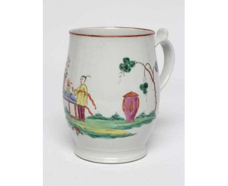 A WILLIAM REID PORCELAIN MUG, 1756-61, of baluster form with 'Scotia' footrim, painted in polychrome enamels with the Chinese