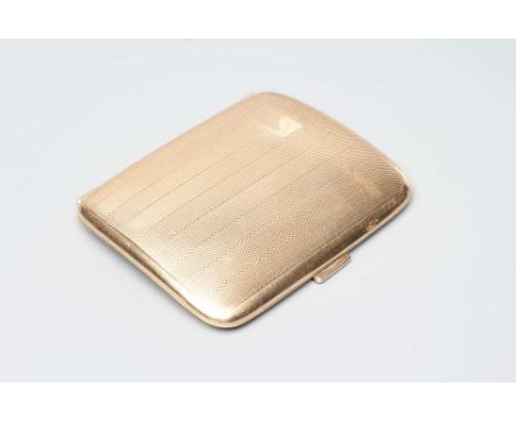 A 9CT GOLD CIGARETTE CASE of plain slightly concave rounded oblong form, with engine turned stripes enclosing a vacant oblong