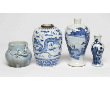 THREE CHINESE PORCELAIN VASES, comprising a small pale blue glazed squat baluster vase with a salamander applied to the shoul