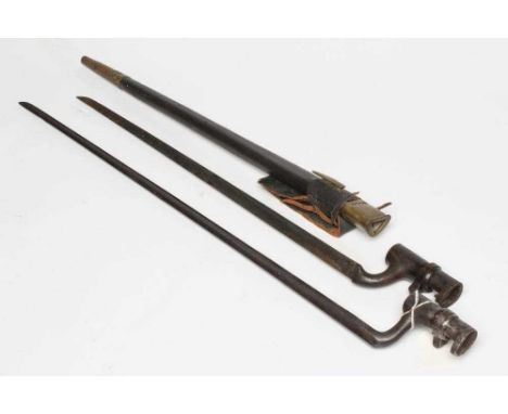 TWO ENFIELD TYPE SOCKET BAYONETS, 19th century, one with 17 1/4" blade and leather scabbard, the other with 21 1/4" blade (Es