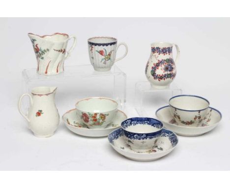 A COLLECTION OF PENNINGTON'S PORCELAIN TABLEWARE, c.1790, comprising a sparrow beak jug painted in colours with a fancy bird,