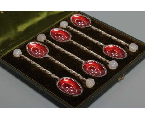 A SET OF SIX LATE VICTORIAN RUSSIAN STYLE SILVER TEASPOONS, maker Phillips Bros. &amp; Son, London 1892, with carved lobed ha