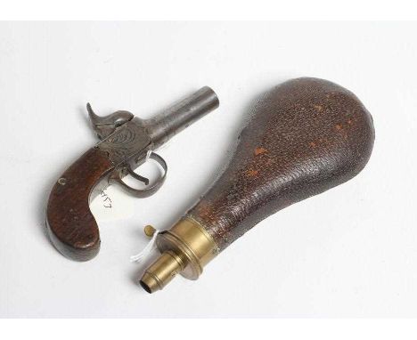 A PERCUSSION POCKET PISTOL by Joseph Hollis, with 1 3/4" barrel, etched action and walnut slab grip, 6 1/4" overall, together