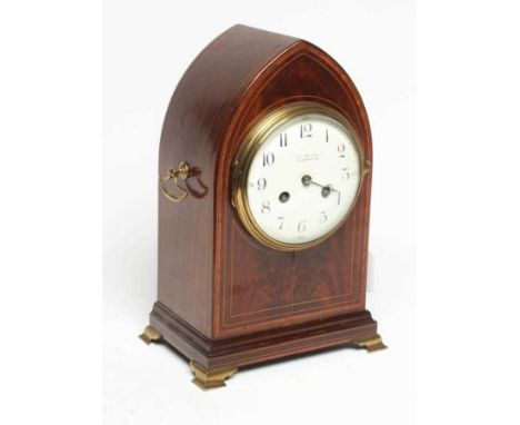 A MAHOGANY CASED MANTEL CLOCK, 20th century, the twin barrel French movement striking on a gong, the white enamel dial with A