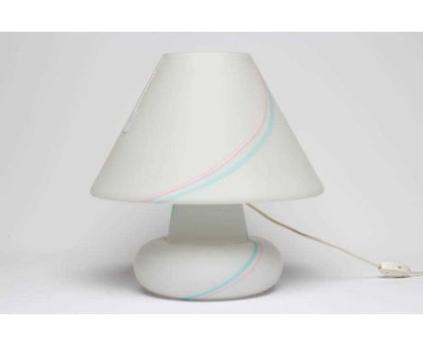 A MURANO VETRI GLASS LAMP BASE AND SHADE, modern, the white opaque conical shade and baluster base with pink and blue striati