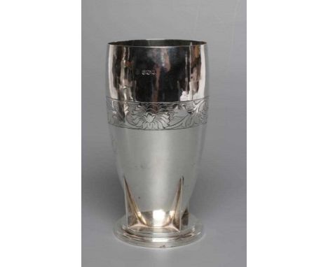 AND ARTS AND CRAFTS SILVER TORPEDO VASE, maker Thomas Bradbury &amp; Sons, Sheffield 1936, the planished round tapering vesse