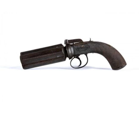 A LARGE PERCUSSION PEPPER BOX PISTOL by W. A. Beckwith, London, with 4 3/4" five barrel section, fine scroll engraved action 