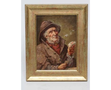 BRITISH SCHOOL (Early 20th century) Fisherman playing cards, indistinctly signed lower right, oil on canvas, 8 1/2" x 6 1/2",