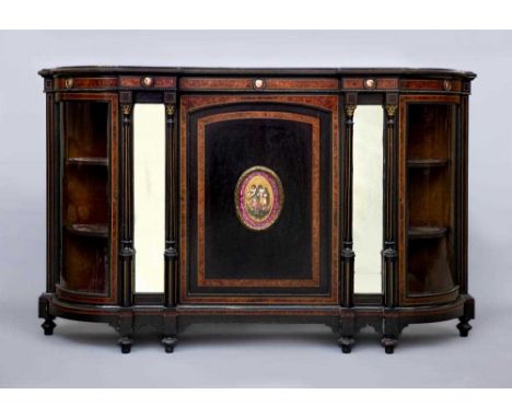 A VICTORIAN EBONISED CREDENZA of inverted breakfront D form with stringing, amboyna banding and gilt metal mounts, the moulde