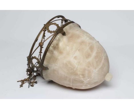 AN EMPIRE STYLE ALABASTER AND GILT METAL CEILING LIGHT, c.1900, the tapering bowl with stiff leaf banding to base hanging fro