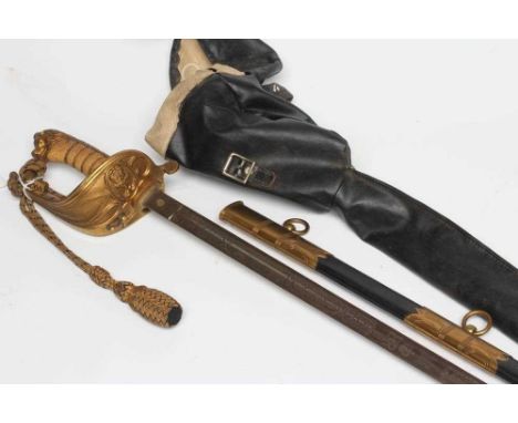 AN 1827 PATTERN NAVAL OFFICER'S SWORD, the 31 1/2" blade etched with oak leaves entwined in rope, ER cypher and an anchor, sq