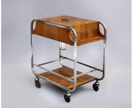 AN ASPREY ART DECO BURR WALNUT AND CHROME DRINKS TROLLEY, the oblong split hinged top opening to a burr maple interior part f