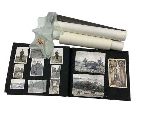 1940s album with military photographs and postcards, 'Ypres 1915' handkerchief, pair of pastel portraits by E A Bardon etc 19