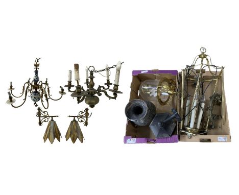 Brass and Delft six light electrolier, brass five light electrolier, pair of wall lights, brass and glass hall lantern, anoth