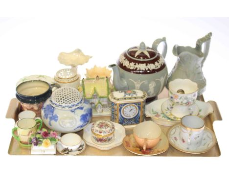 Ridgway relief jug, teapot, Coalport cottage, Worcester and other cabinet cups and saucers, Doulton Tony Weller character jug