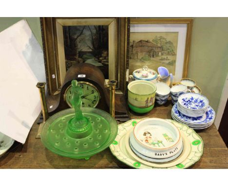 Oak mantel clock, pair of brass candlesticks, pair of oil paintings, assorted china, glass centre-piece etc.