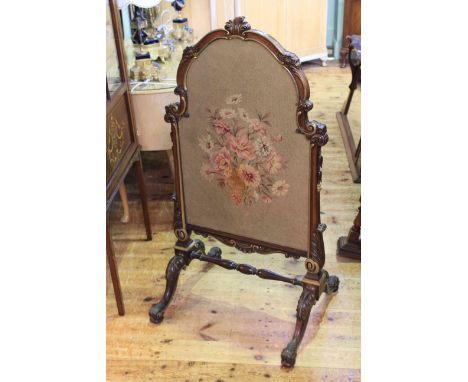 Victorian rosewood and gilt painted floral tapestry panel firescreen