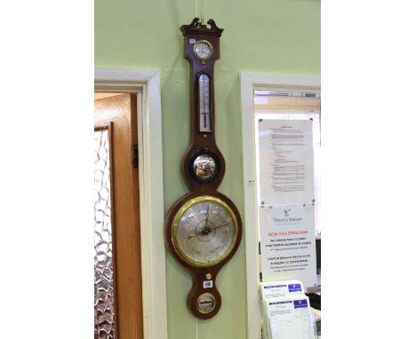 Mahogany and satinwood banded barometer having silvered dial