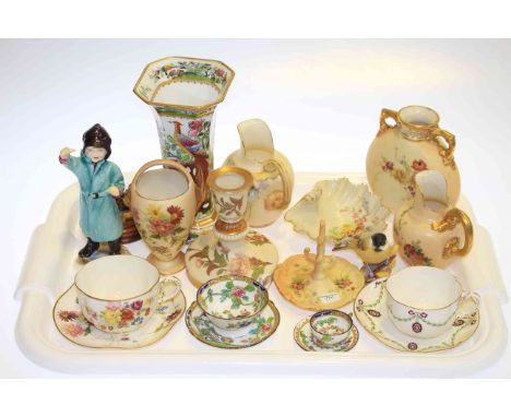 Tray of Royal Worcester blush china, Worcester figure 'February', Spode vase and two cups and saucers etc.