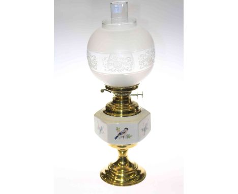 Brass and pottery oil lamp with engraved shade