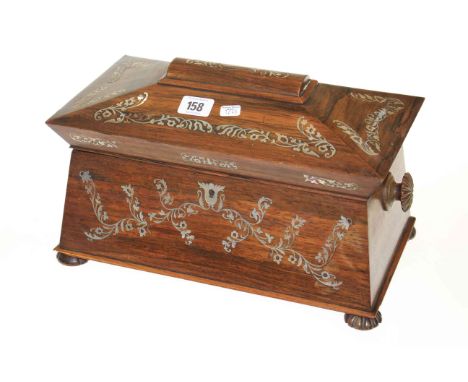 Mother of pearl inlaid rosewood sarcophagus tea caddy with two boxes and Imari blending bowl