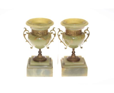 Pair green onyx and gilt metal mantelpiece urns