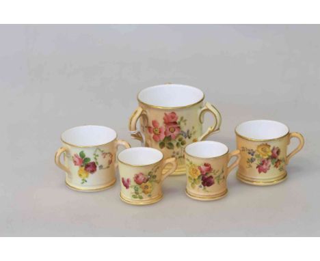 Five Royal Worcester blush miniature mugs