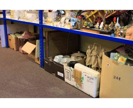 Five boxes of glass, china, curtain tie backs and hooks, parian group, sewing machine, terrarium, etc.