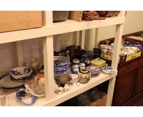 Oriental ginger jars, blue and white and other china, book trough and books, cameras, glass decanters, Worcester Evesham etc.