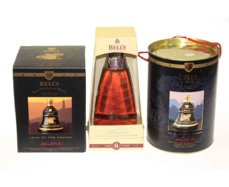 Three Bells scotch whisky decanters, 'Year of the Sheep', 'Year of the Monkey' and 'Millennium'
