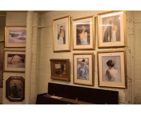 Collection of seven Domingo prints, gilt framed oil of a cottage and coloured print (9)
