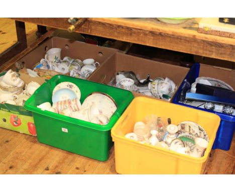 Six boxes of assorted teawares, glass decanter, collectors plates etc.