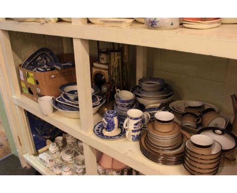 Collection of blue and white tea and dinner ware, Denby stoneware, British Rail lamp, pair of shell cases etc.