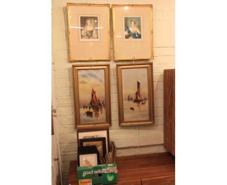 Pair oils, 'Calm Evening' and 'Moon Rise', pair portrait prints and collection of pictures