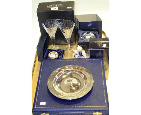 Silver dish, Stuart crystal glass paperweight and two champagne flutes, Royal Crown Derby teddy group and Worcester pill box