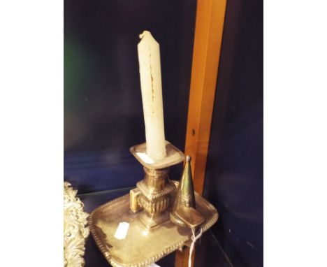 A silver plated camber stick having Queen Anne style design matchbox holder and snuffer, the thumb rest with engraved figural