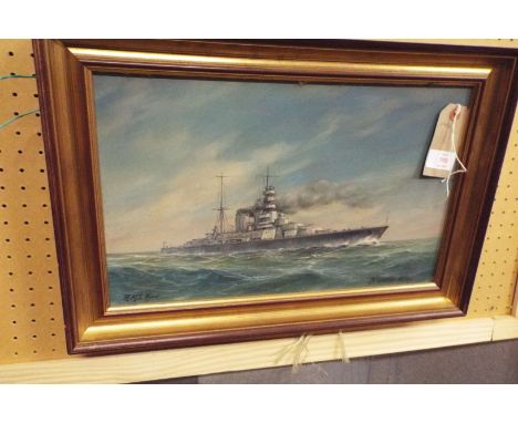 FRANCIS ALLEN oil on panel of warship at sea, titled 'H.M.S. Hood' and signed below, set into contemporary gilt frame