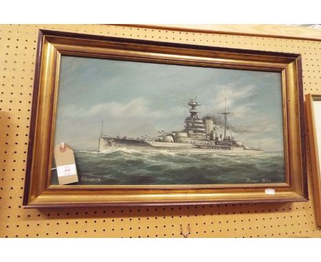 FRANCIS ALLEN oil on panel of warship at sea, titled 'H.M.S. Warspite' and signed below, set into contemporary gilt frame