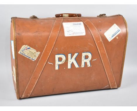 A Vintage Suitcase by Pioneer Luggage with Various Vintage Airline Paper Labels and Monogrammed PKR 