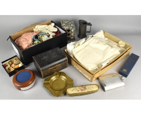 A Collection of Various Vintage Items to Comprise Dolls Clothes, Leather Mounted Jewellery Box etc 