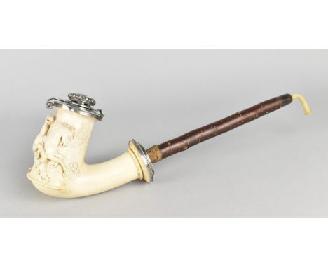A Large Austro Hungarian Period Meerschaum Silver Mounted Pipe in Original Leather Jacket, the Silver Marked Vienna 1840 Make