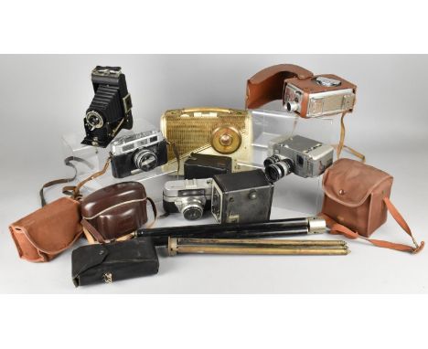 A Collection of Various Vintage Cameras, Camera Tripods, Radio etc 