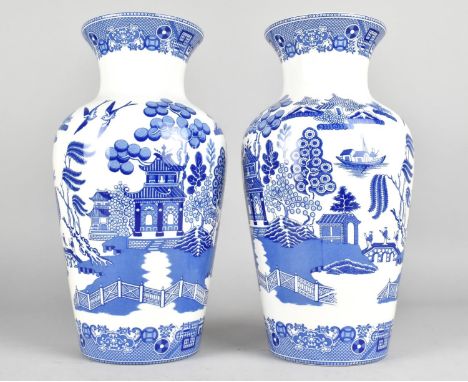 A Pair of Spode Willow Vases, 28cm high 