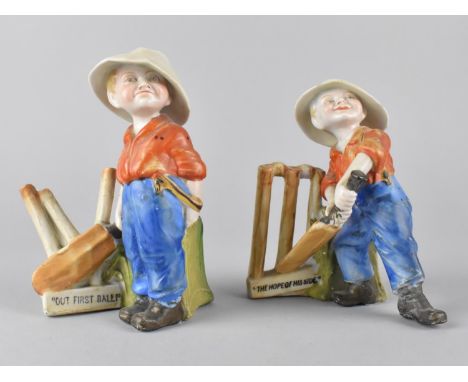 A Pair of Cold Painted Bisque Spill Vases in the Form Of Young boy Playing Cricket, "The Hope of His Side", and "Out First Ba