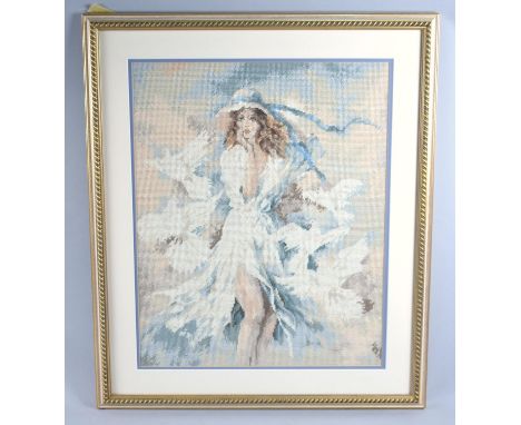 A Modern Gilt Framed Tapestry Depicting Girl with Doves, 41x51cms 