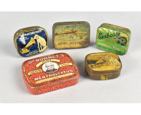 A Collection of Five Vintage Gramophone Needle and Snuff Tins to include His Masters Voice (both with Contents), Aero, Embass