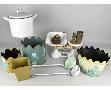 A Collection of Various Vintage and Later Kitchinalia to Comprise Enamelled Pot and Cover, Two Ladles, a White Painted Cast I